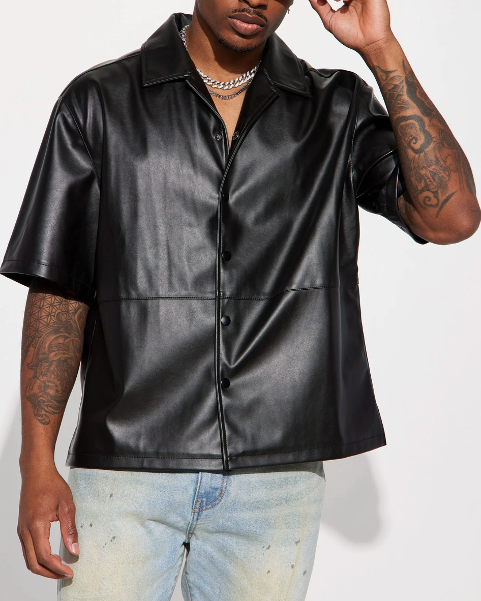 Simple Times Faux Leather Short Sleeve Shirt - Black, Fashion Nova, Mens  Shirts