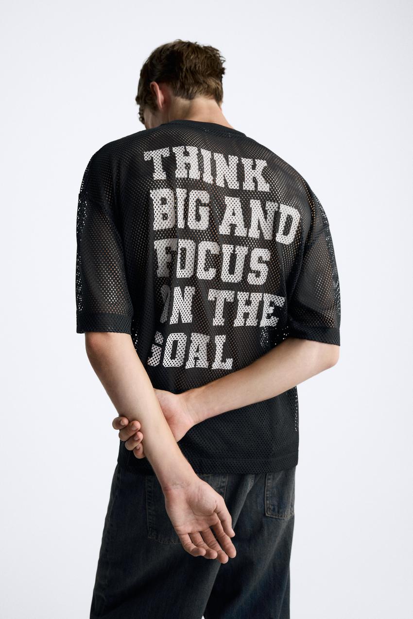 MESH TEXTURED T-SHIRT WITH SLOGANS