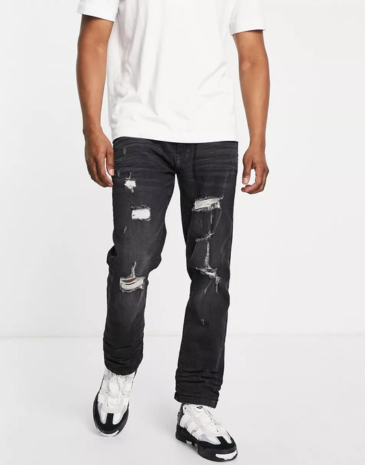 SLIM FIT EXTREME RIP JEANS IN WASHED BLACK