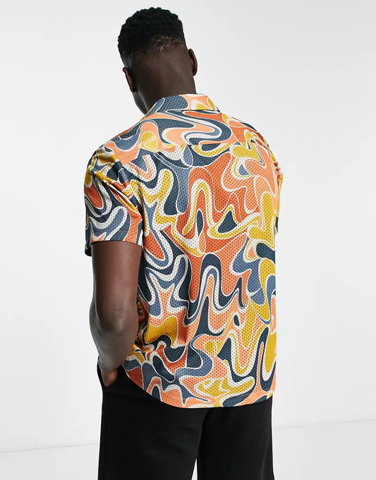 TOPMAN AIRTEX SWIRL PRINT SHIRT IN ORANGE AND BLUE