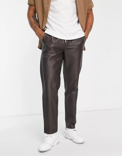 RELAXED FAUX LEATHER TROUSERS IN BROWN