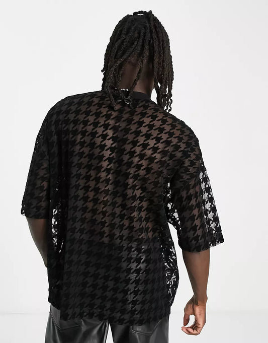 OVERSIZED T-SHIRT IN BLACK DOGTOOTH BURNOUT