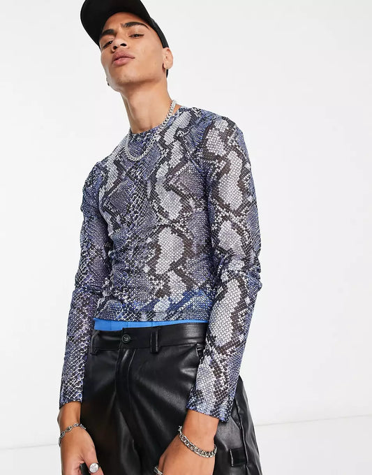 MUSCLE LONG SLEEVE T-SHIRT IN BLUE ANIMAL PRINT MESH