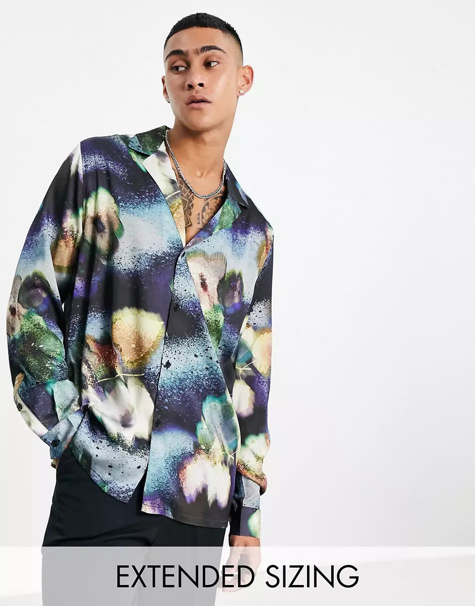 RELAXED DEEP REVERE SATIN SHIRT IN DARK FLORAL PRINT