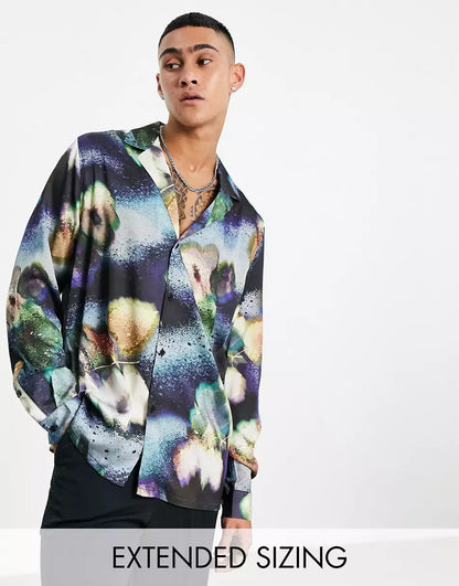 RELAXED DEEP REVERE SATIN SHIRT IN DARK FLORAL PRINT