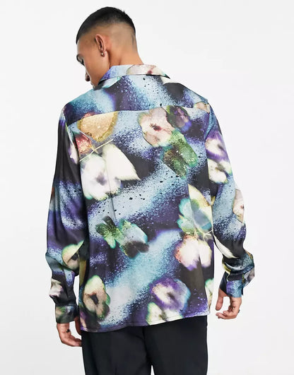 RELAXED DEEP REVERE SATIN SHIRT IN DARK FLORAL PRINT