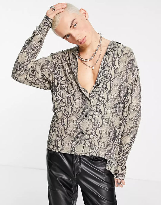 OVERSIZED SNAKE PRINT REVERE COLLAR SHIRT IN BEIGE SNAKE PRINT