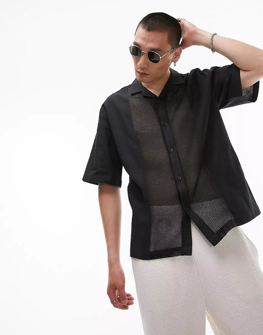 SHORT SLEEVE RELAXED REVERE SQUARE WOVEN PANEL SHIRT