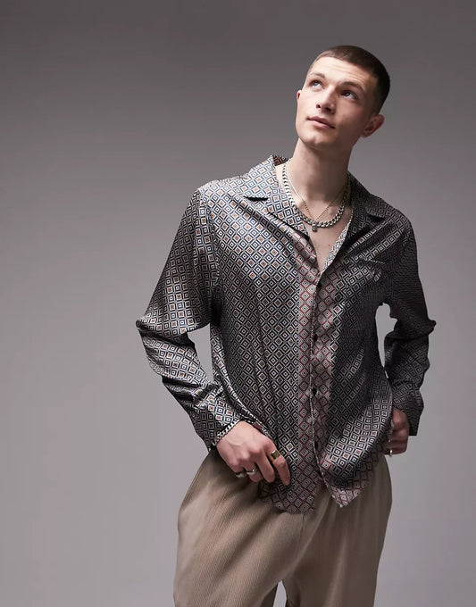 REGULAR REVERE GEO BORDER SATIN PRINTED SHIRT IN MULTI