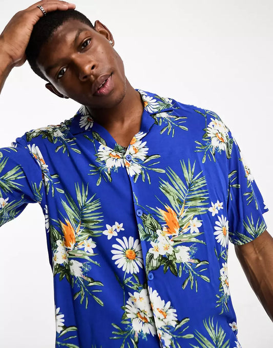 ORIGINALS OVERSIZED REVERE COLLAR SHIRT IN BLUE DAISY PRINT