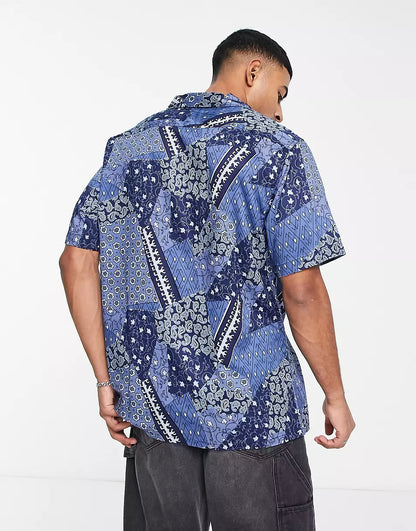 REVERE COLLAR SHIRT IN BLUE ALL OVER PRINT