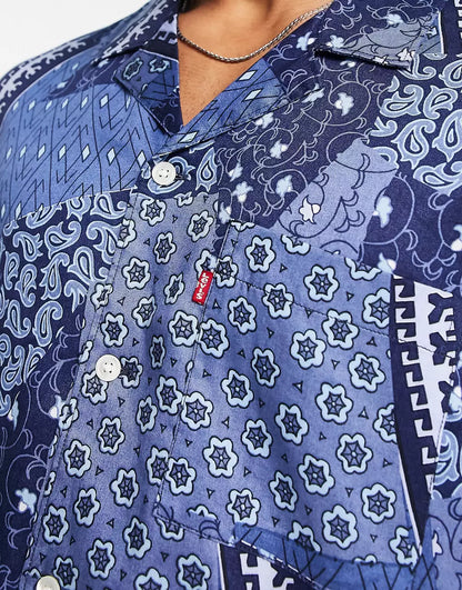 REVERE COLLAR SHIRT IN BLUE ALL OVER PRINT