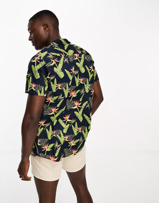 REGULAR FIT SHIRT IN LEAF PRINT IN NAVY