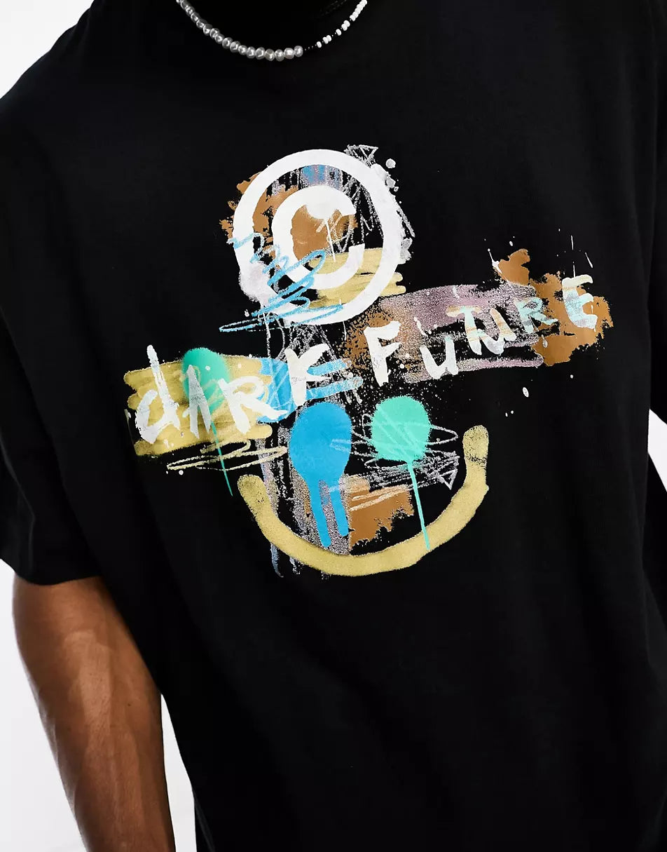 DARK FUTURE OVERSIZED T-SHIRT WITH GRAFFITI FRONT PRINT