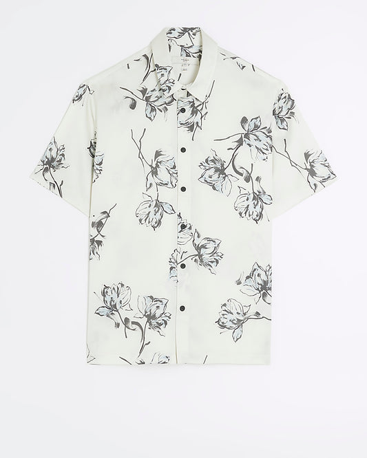 WHITE REGULAR FIT FLORAL SHORT SLEEVE SHIRT