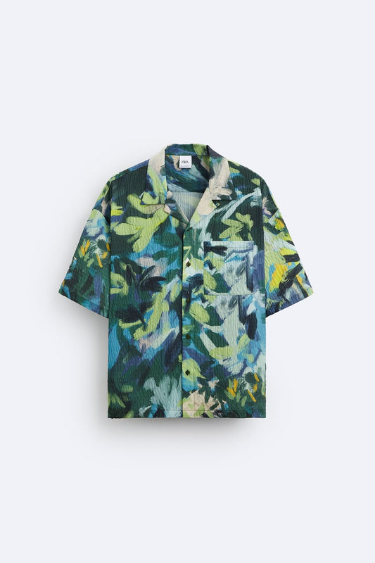 Abstract print shirt, Textured shirt, Button-down shirt, Short-sleeved shirt, Camp collar shirt, Chest patch pocket, Button-up front, Polyester shirt, Machine washable shirt, Relaxed fit shirt,