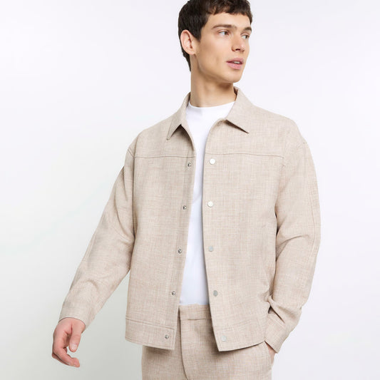 MENS SHACKET BEIGE OVERSIZED FIT TEXTURED