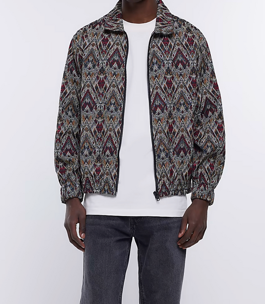 GREY REGULAR FIT AZTEC HARRINGTON JACKET