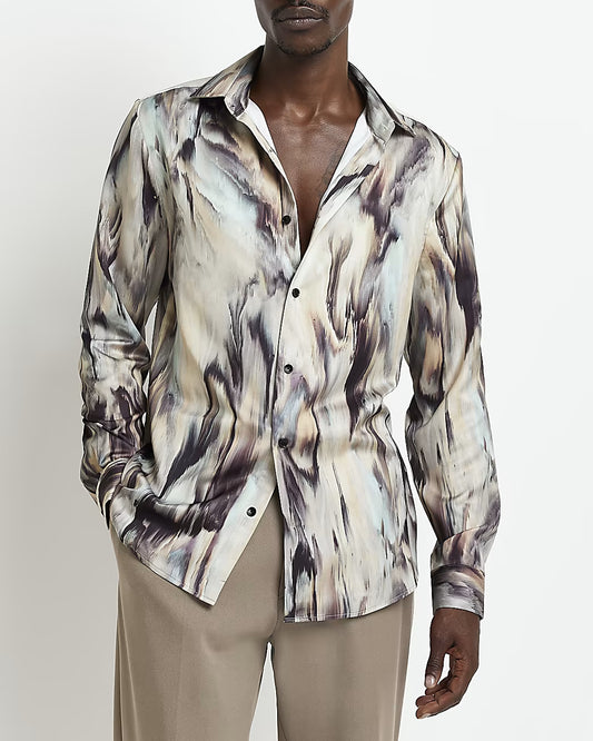 BEIGE REGULAR FIT PRINT LONG SLEEVE SHIRT