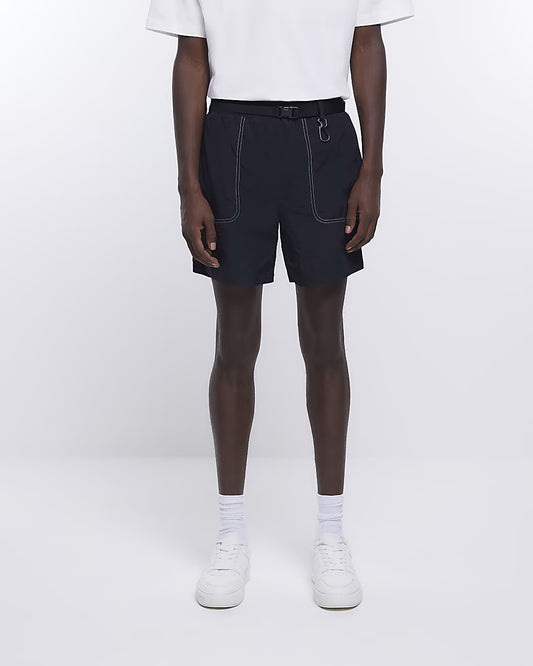 BLACK SKINNY FIT UTILITY BELTED SWIM SHORTS