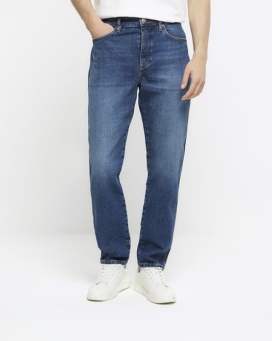 BLUE TAPERED FIT FADED JEANS