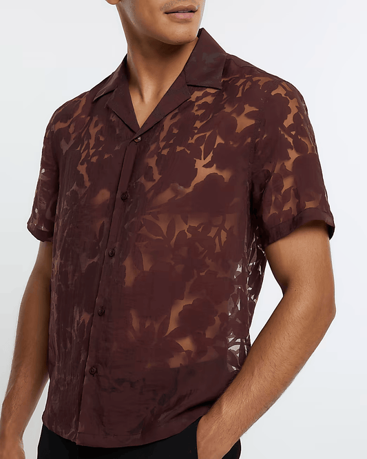 BROWN REGULAR FIT BURNOUT LEAF PRINT SHIRT