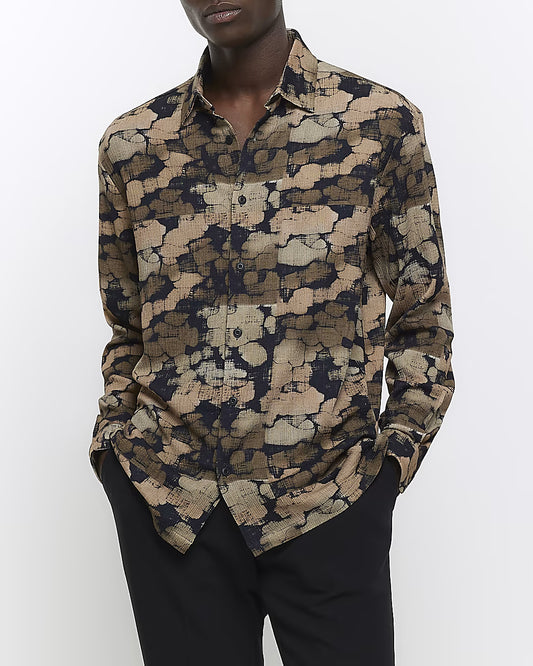 BROWN REGULAR FIT TEXTURED PEBBLE SHIRT