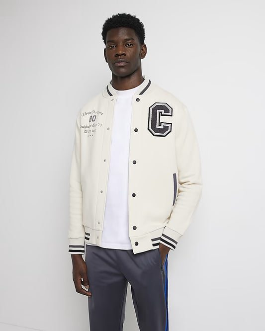 ECRU REGULAR FIT VARSITY BOMBER JACKET