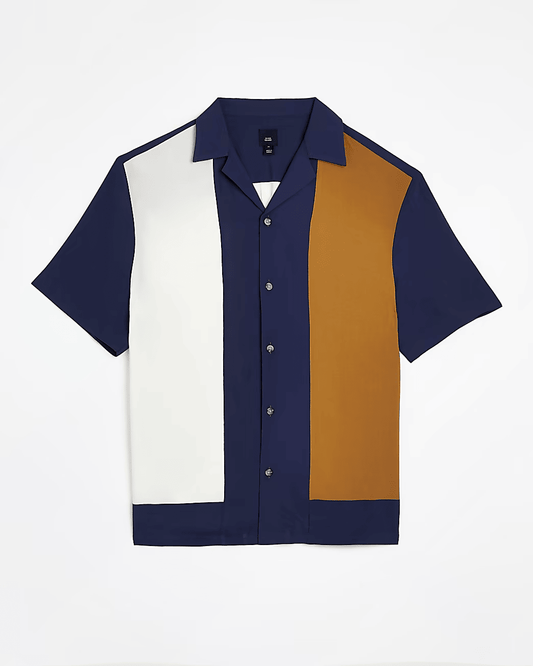 NAVY REGULAR FIT COLOUR BLOCK REVERE SHIRT