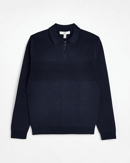 NAVY SLIM FIT KNITTED LONG SLEEVE POLO SHIRT