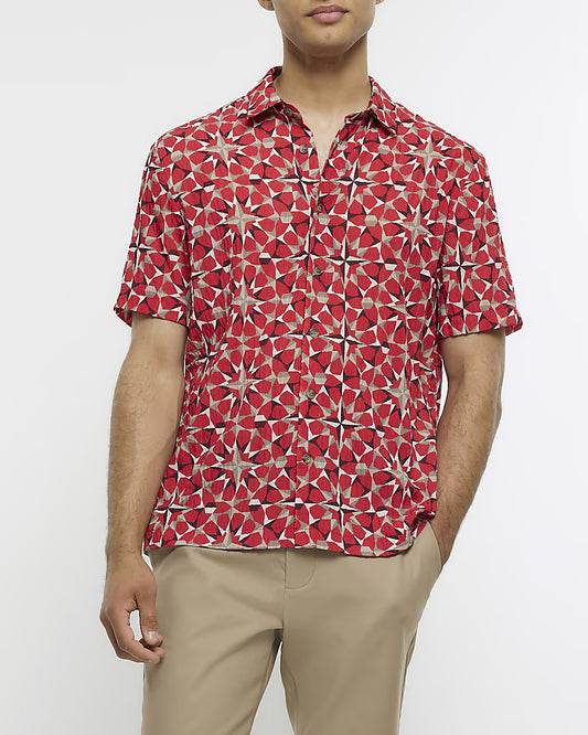 RED REGULAR FIT GEO PRINT TEXTURED SHIRT