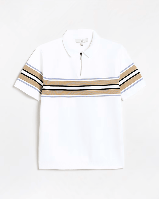 WHITE SLIM FIT STRIPE KNITTED POLO SHIRT