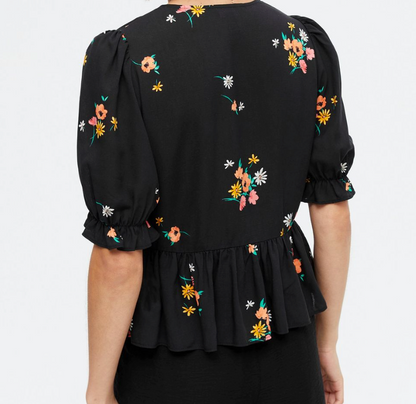 FLORAL BUTTON FRONT PEPLUM TEA BLOUSE